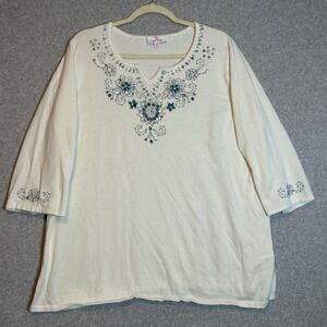 Quacker Factory Knit Top Womens 1X Ivory Blue Beaded Floral Coquette Grandmacore